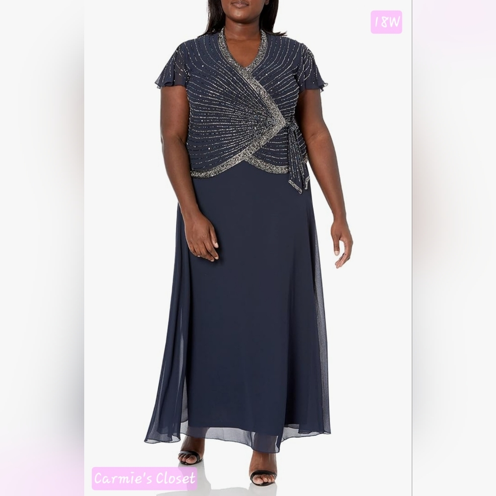 🔥NWF🔥OBO🔥 🟠 J Kara Women's Petite Faux Wrap Long Dress W/Flutter Sleeve 18W